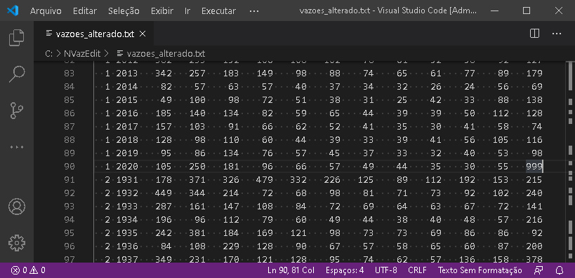 NVazEdit - Editando manualmente arquivo texto de vazões